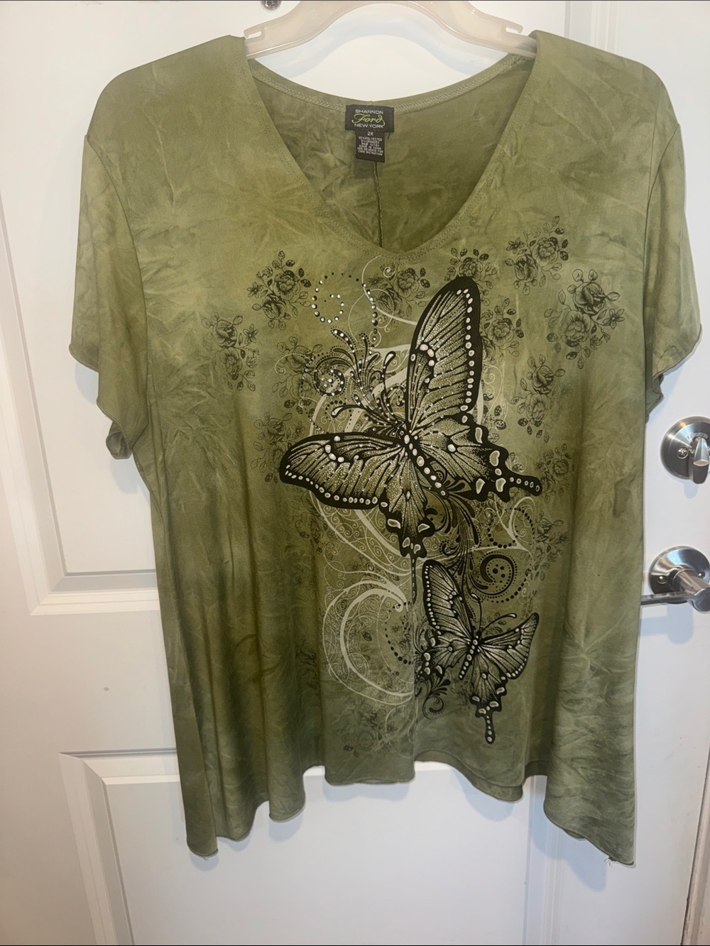 SHANNON FORD N. Y. Olive Green Butterfly V-Neck Short Sleeve BLING Tee